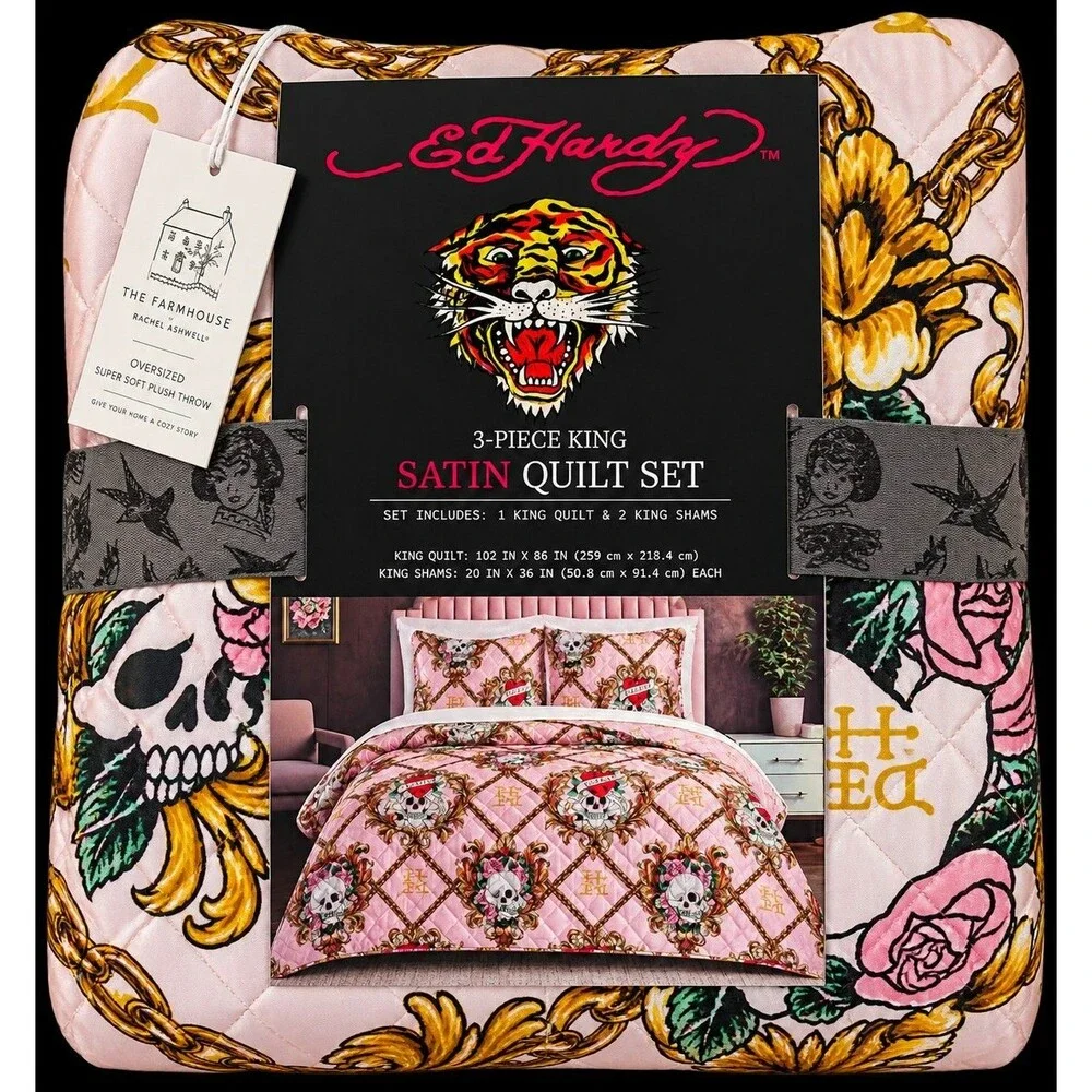 Ed Hardy 3-Piece King Satin Quilt Set Pink Skull Roses Tattoo Bedding NWT